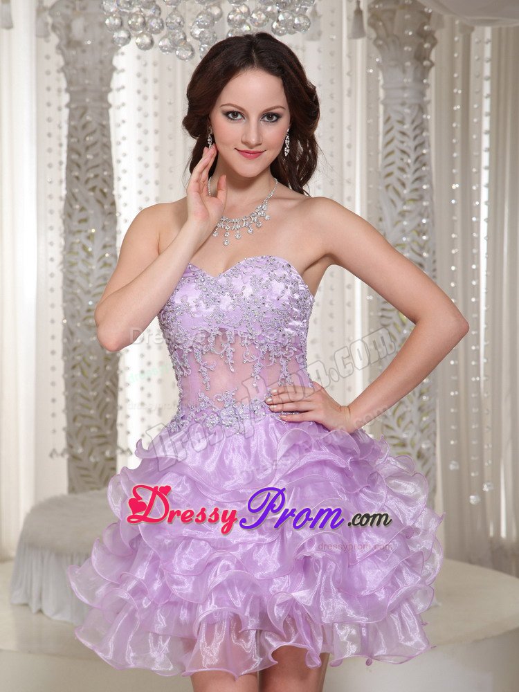 Sweetheart Ruffled Appliqued Lavender Prom Dress Sheer Waist