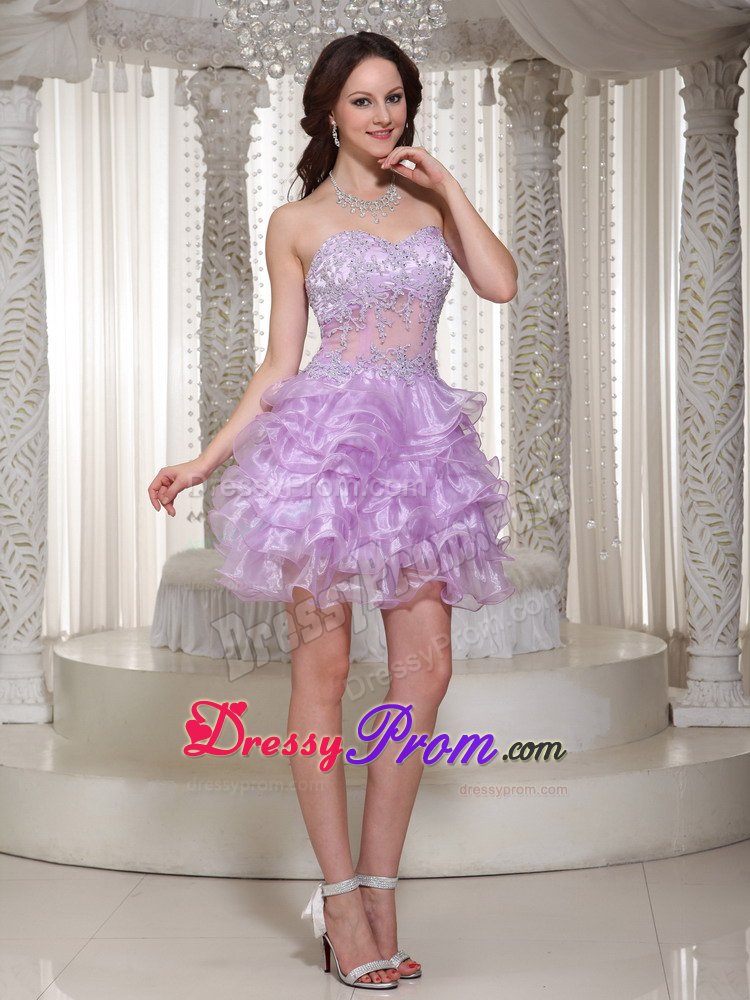 Sweetheart Ruffled Appliqued Lavender Prom Dress Sheer Waist