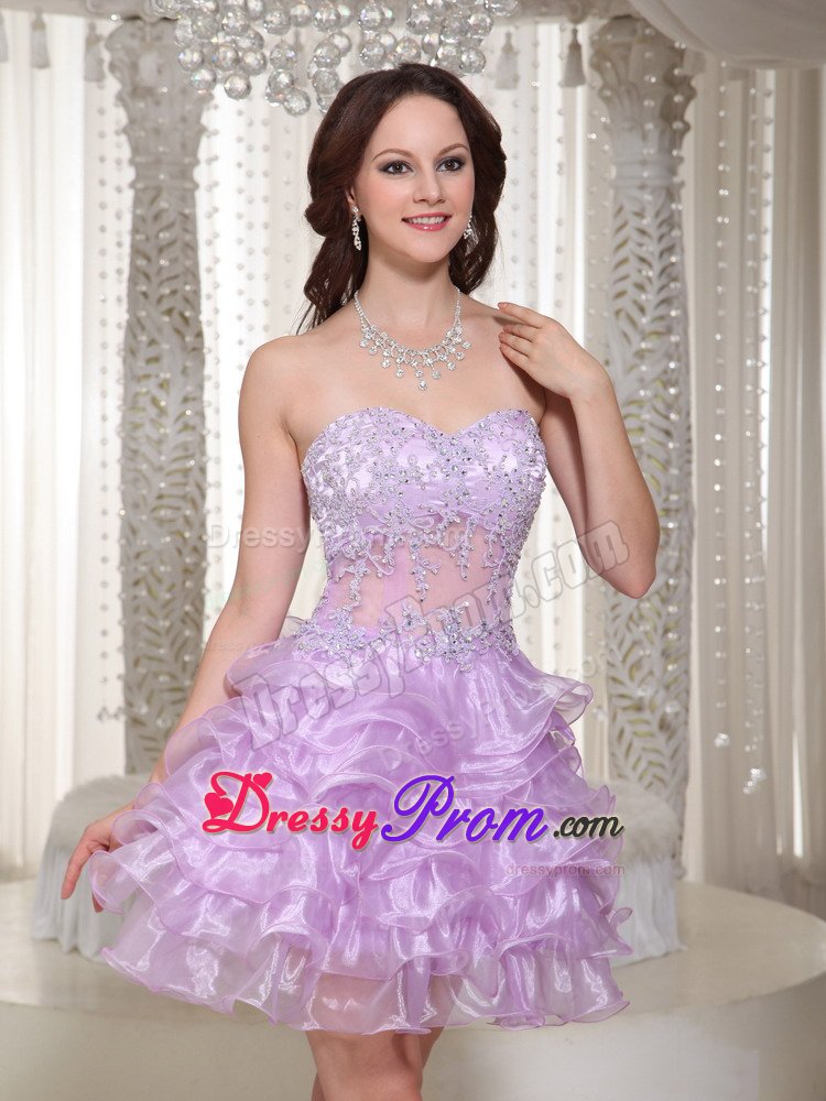Sweetheart Ruffled Appliqued Lavender Prom Dress Sheer Waist