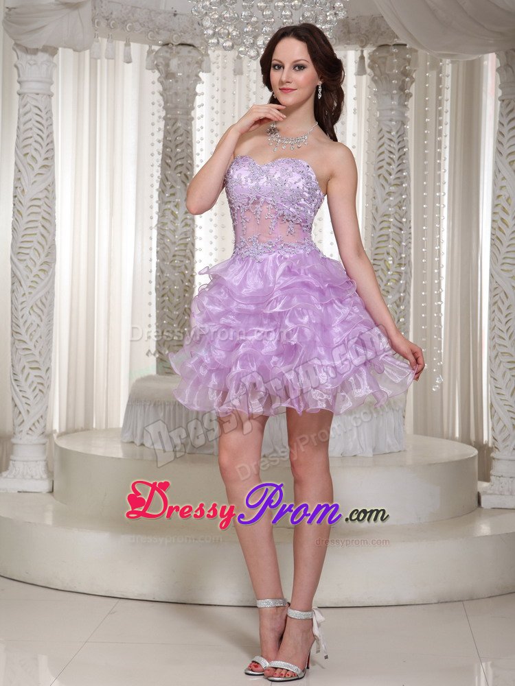 Sweetheart Ruffled Appliqued Lavender Prom Dress Sheer Waist
