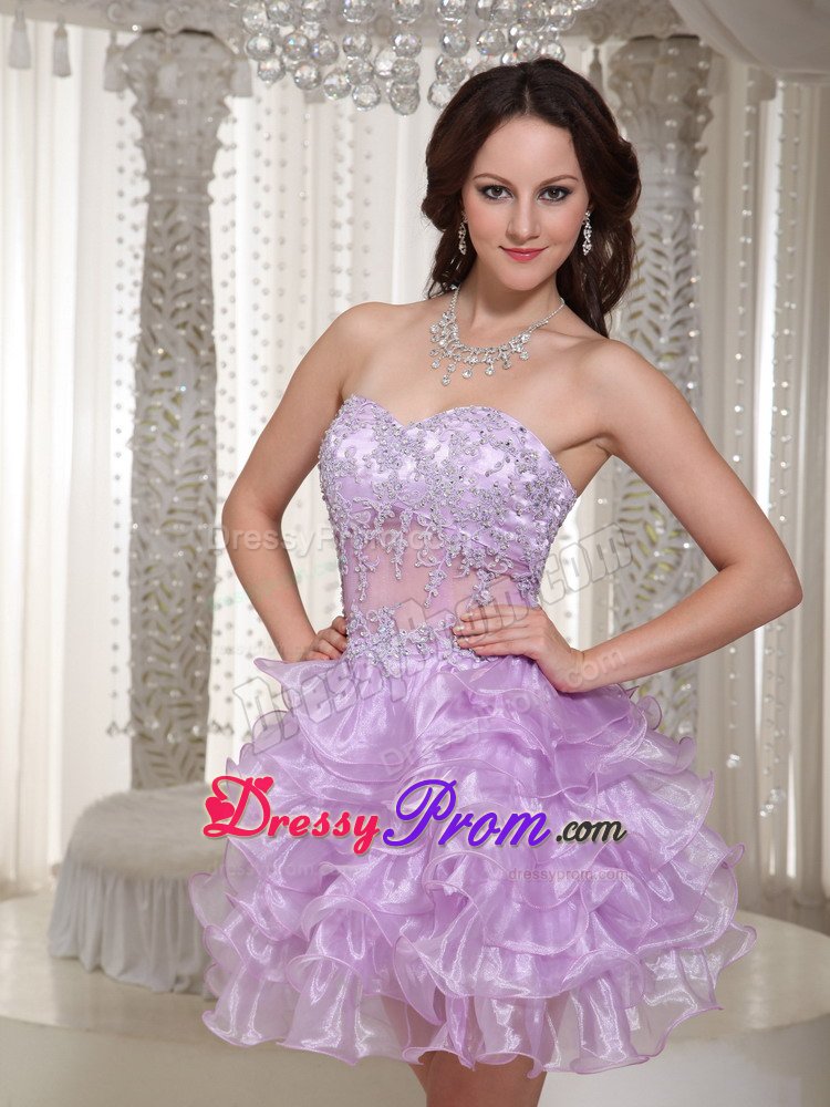 Sweetheart Ruffled Appliqued Lavender Prom Dress Sheer Waist