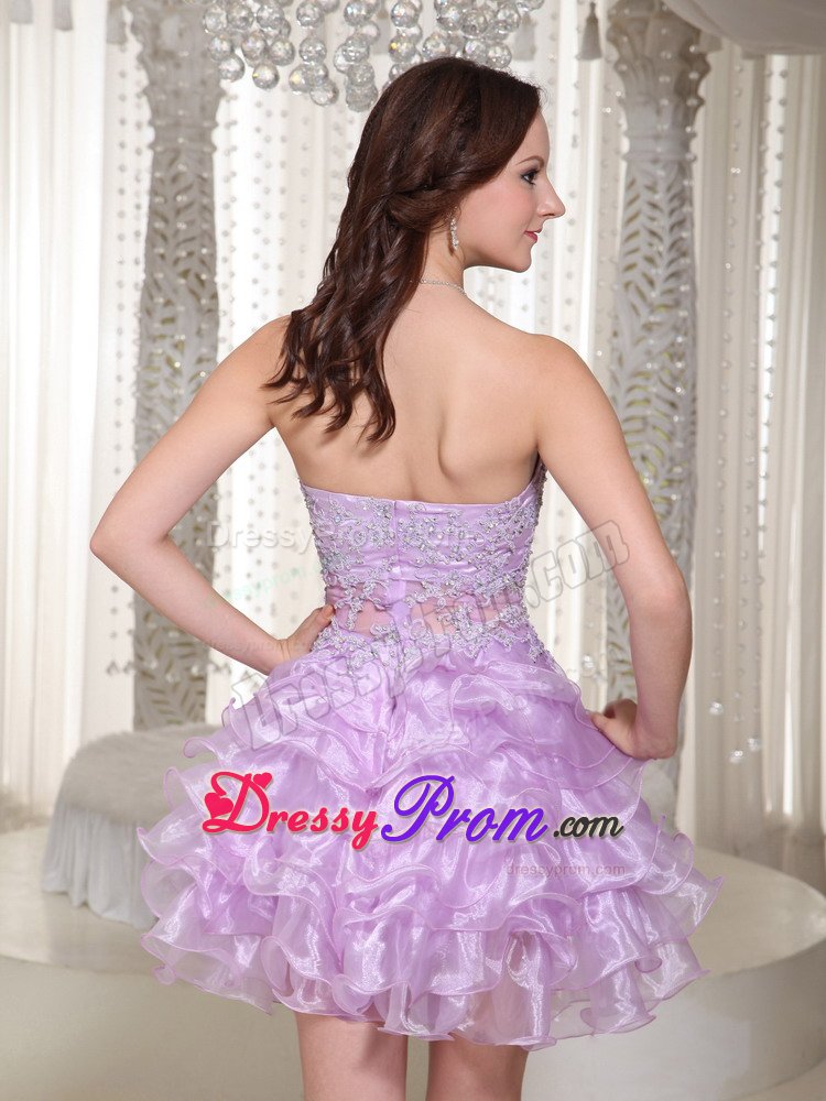 Sweetheart Ruffled Appliqued Lavender Prom Dress Sheer Waist