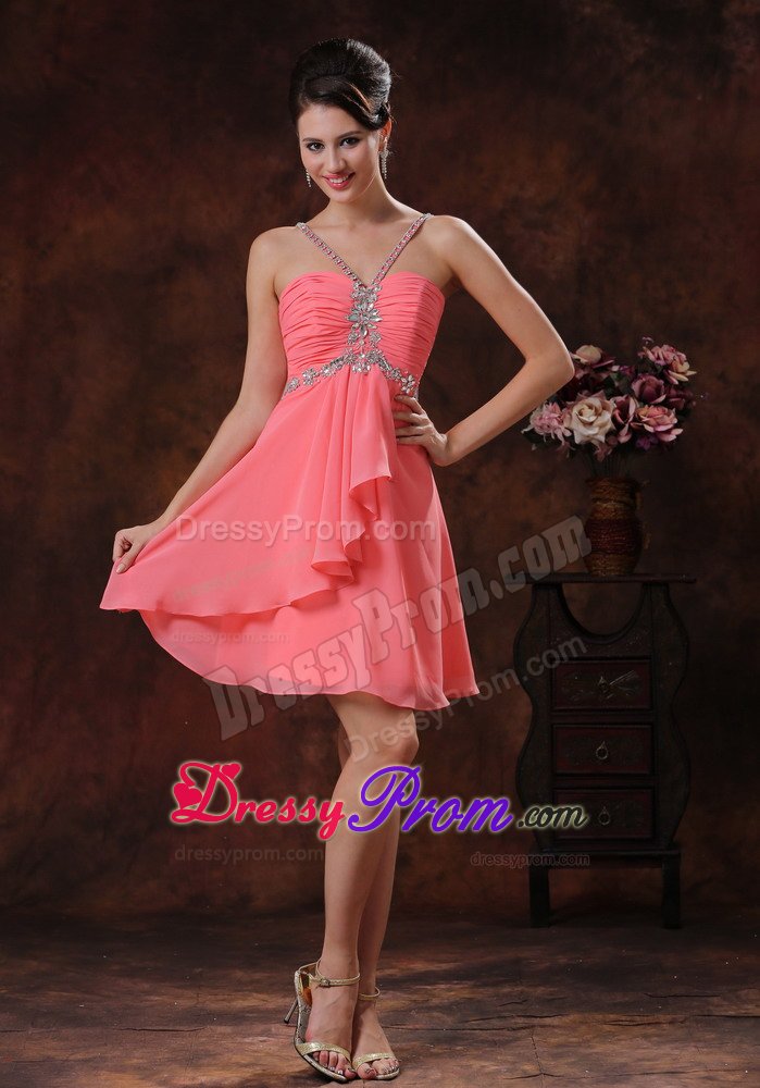 Popular Ruched Watermelon Short Prom Dress with Rhinestones
