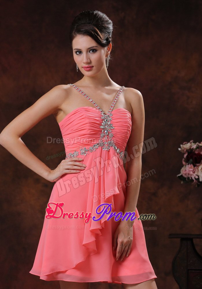 Popular Ruched Watermelon Short Prom Dress with Rhinestones