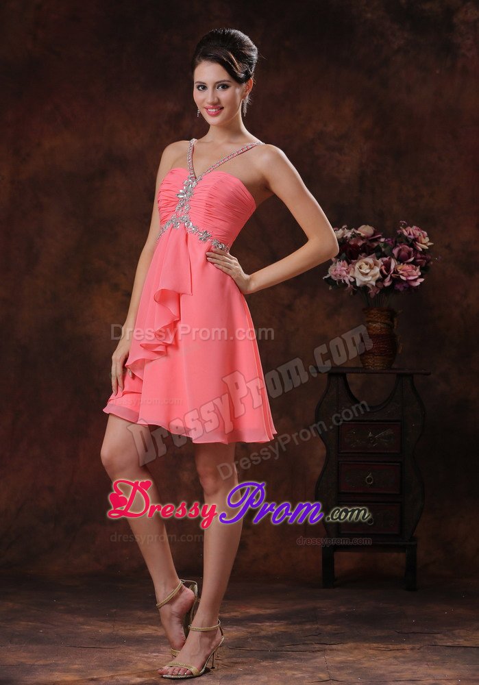 Popular Ruched Watermelon Short Prom Dress with Rhinestones