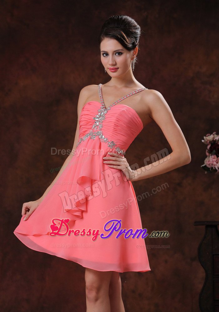 Popular Ruched Watermelon Short Prom Dress with Rhinestones