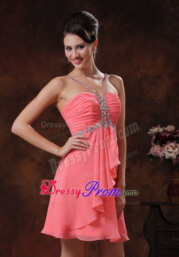 Popular Ruched Watermelon Short Prom Dress with Rhinestones
