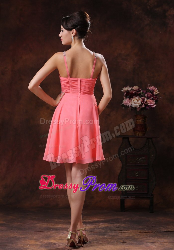 Popular Ruched Watermelon Short Prom Dress with Rhinestones