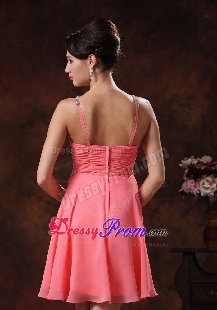 Popular Ruched Watermelon Short Prom Dress with Rhinestones