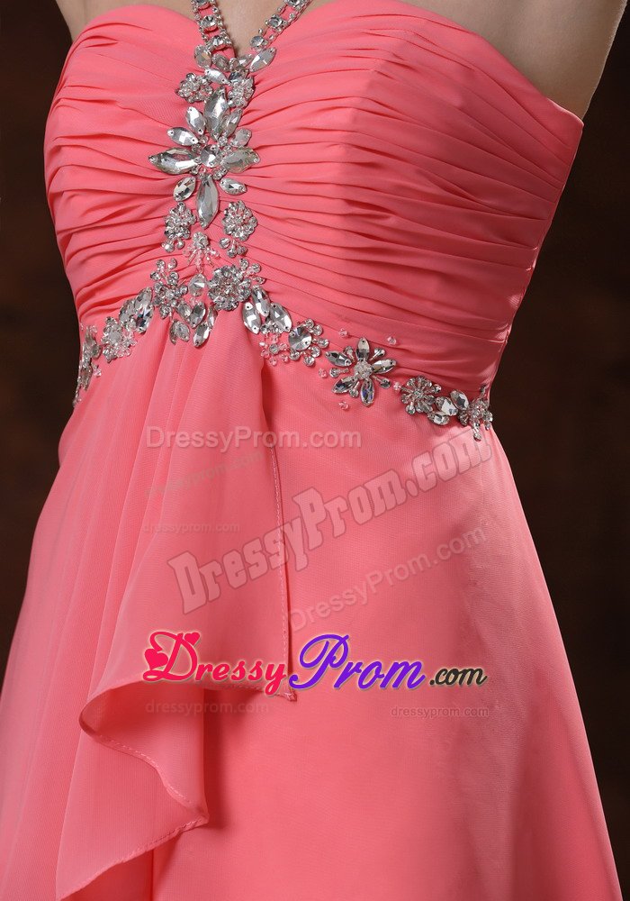 Popular Ruched Watermelon Short Prom Dress with Rhinestones