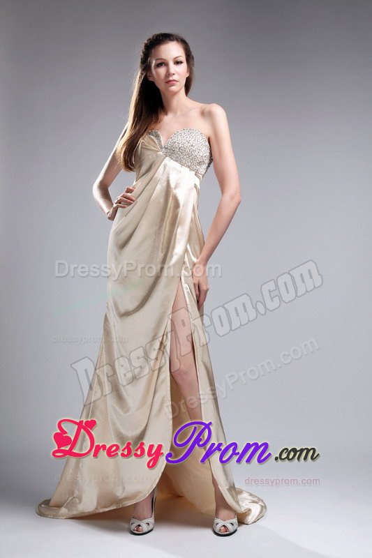 Champagne Slitted Beaded Brush Train Prom Dress for Ladies