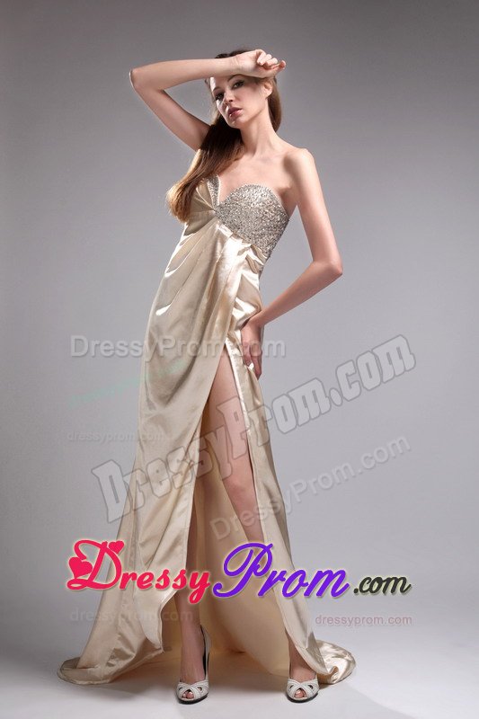 Champagne Slitted Beaded Brush Train Prom Dress for Ladies