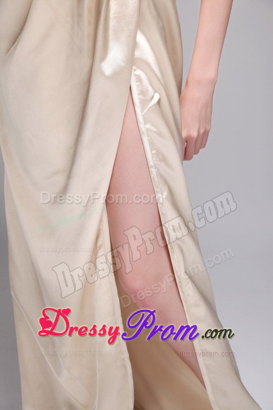Champagne Slitted Beaded Brush Train Prom Dress for Ladies
