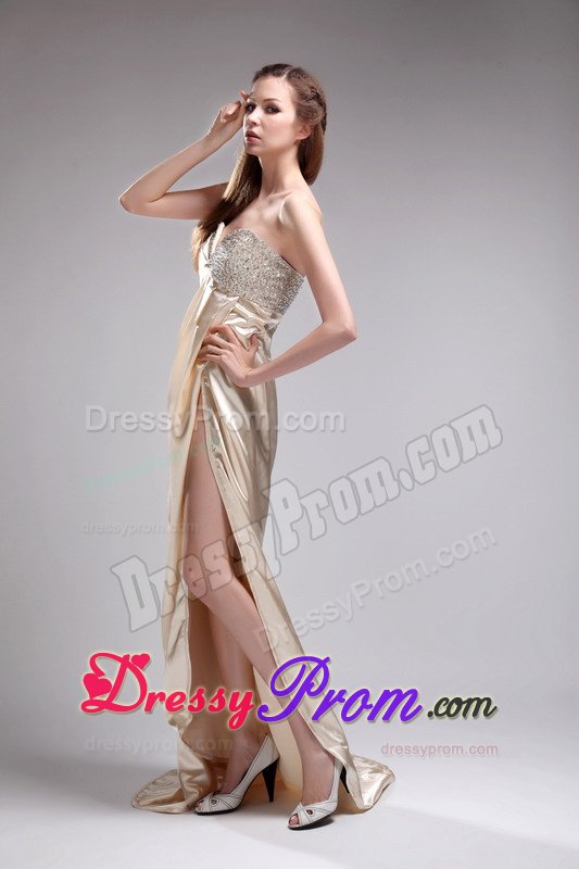 Champagne Slitted Beaded Brush Train Prom Dress for Ladies