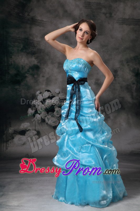 Floor-length Strapless Aqua Blue Beaded Prom Dress with Sash