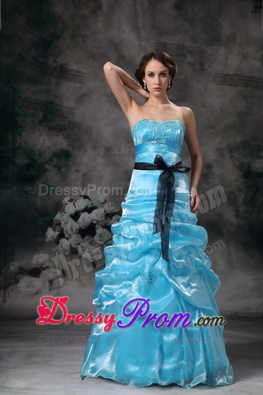 Floor-length Strapless Aqua Blue Beaded Prom Dress with Sash