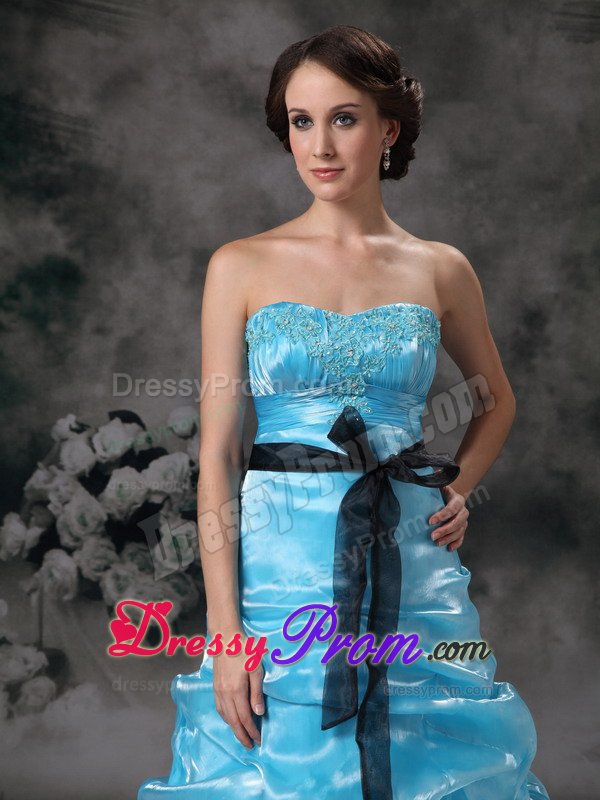 Floor-length Strapless Aqua Blue Beaded Prom Dress with Sash