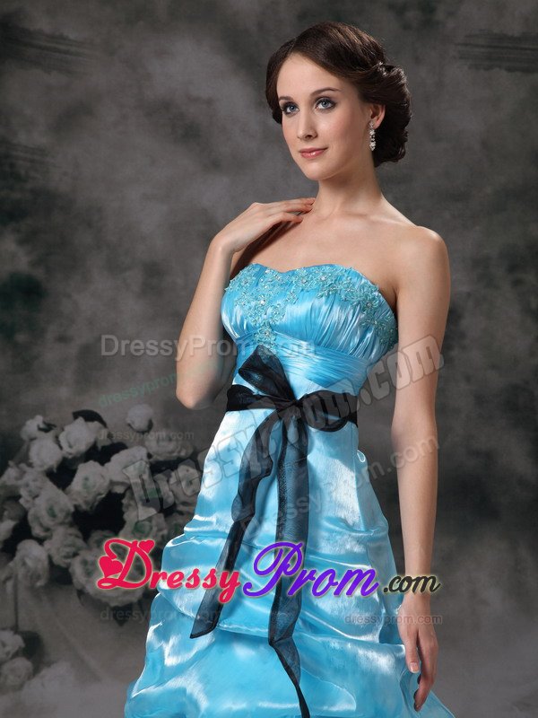 Floor-length Strapless Aqua Blue Beaded Prom Dress with Sash