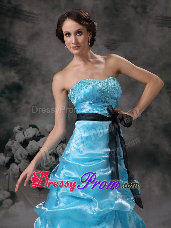Floor-length Strapless Aqua Blue Beaded Prom Dress with Sash