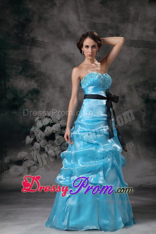 Floor-length Strapless Aqua Blue Beaded Prom Dress with Sash