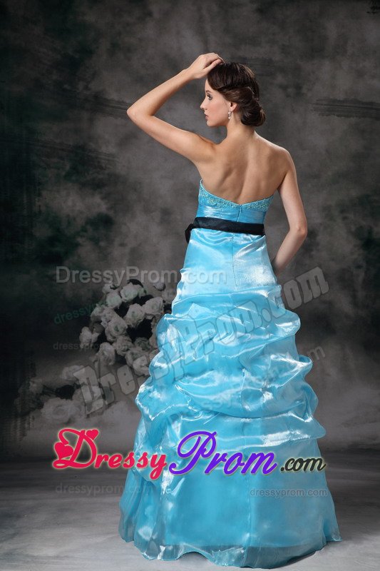 Floor-length Strapless Aqua Blue Beaded Prom Dress with Sash