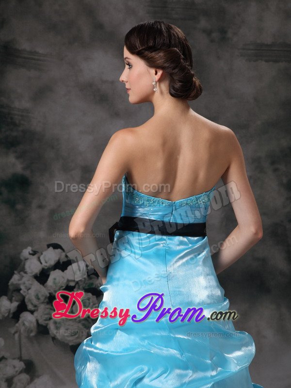Floor-length Strapless Aqua Blue Beaded Prom Dress with Sash