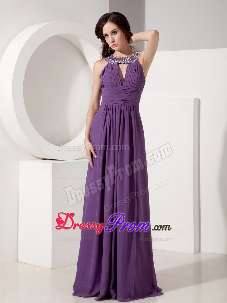 Scoop Neck Rhinestones Zipper-up Beaded Purple Prom Dress