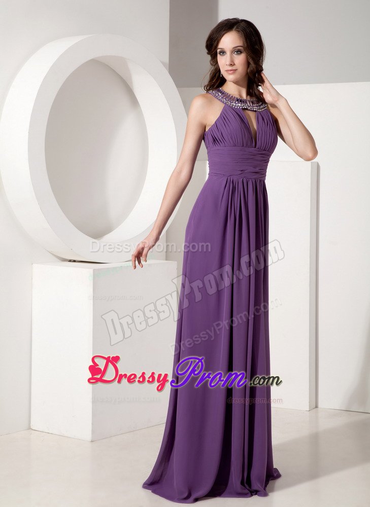 Scoop Neck Rhinestones Zipper-up Beaded Purple Prom Dress