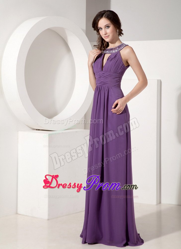 Scoop Neck Rhinestones Zipper-up Beaded Purple Prom Dress