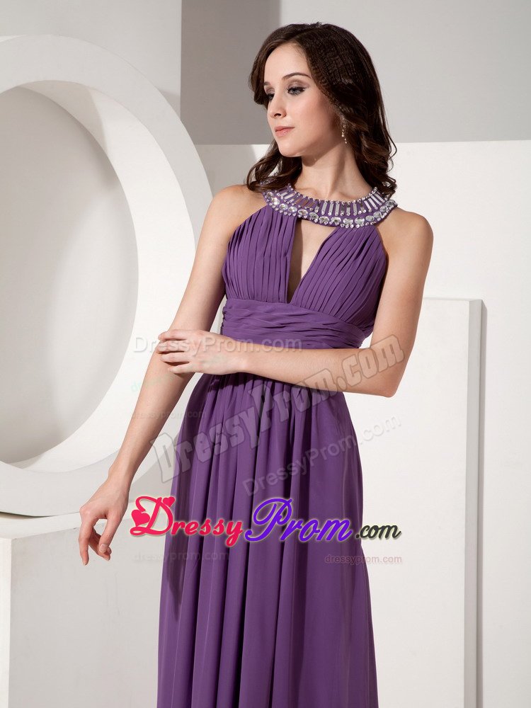 Scoop Neck Rhinestones Zipper-up Beaded Purple Prom Dress