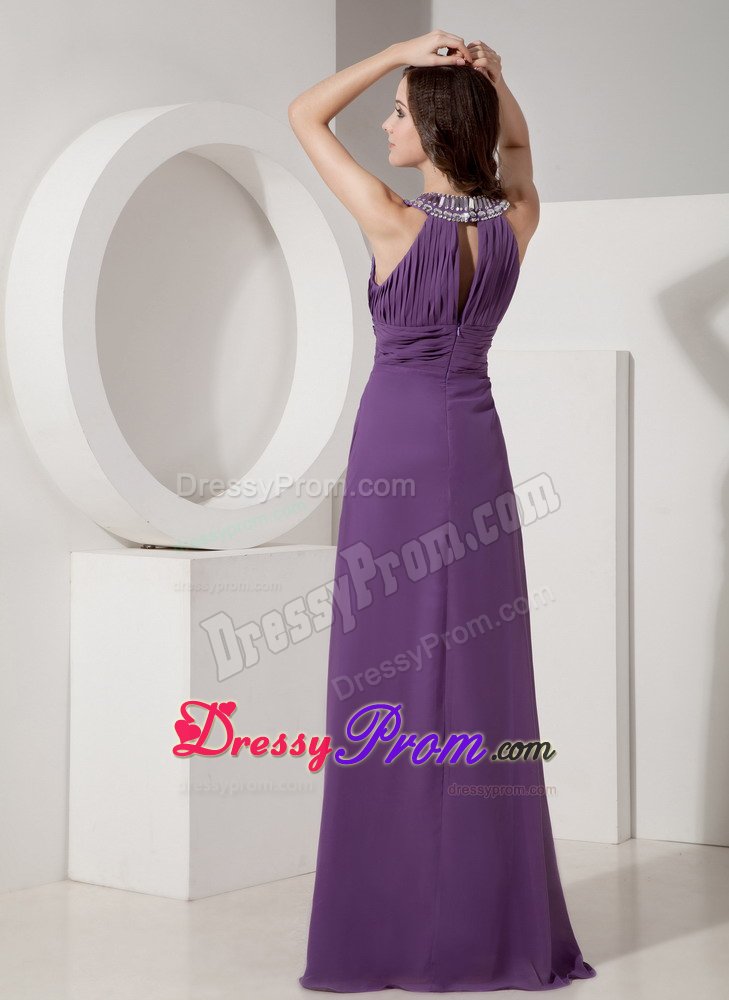 Scoop Neck Rhinestones Zipper-up Beaded Purple Prom Dress