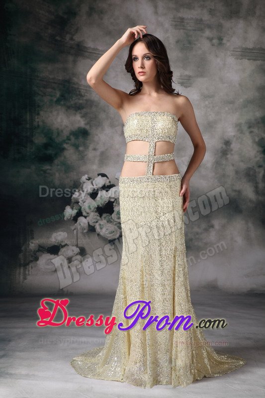 Sexy Brush Train Sequins Gold Prom Holiday Dress with Cutouts