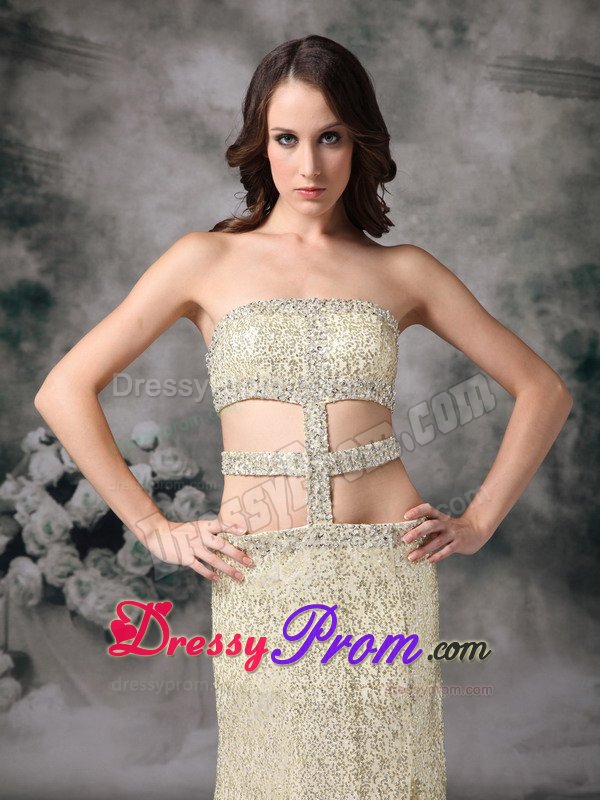 Sexy Brush Train Sequins Gold Prom Holiday Dress with Cutouts