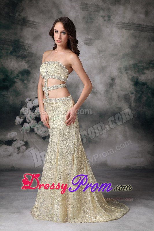 Sexy Brush Train Sequins Gold Prom Holiday Dress with Cutouts