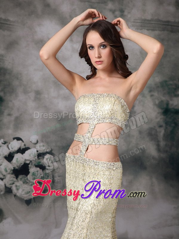 Sexy Brush Train Sequins Gold Prom Holiday Dress with Cutouts