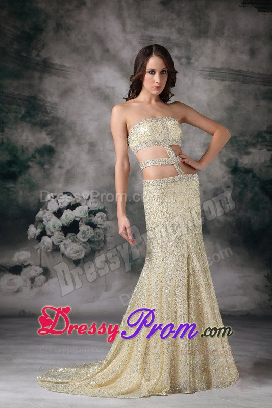 Sexy Brush Train Sequins Gold Prom Holiday Dress with Cutouts
