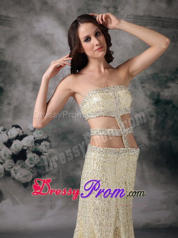 Sexy Brush Train Sequins Gold Prom Holiday Dress with Cutouts
