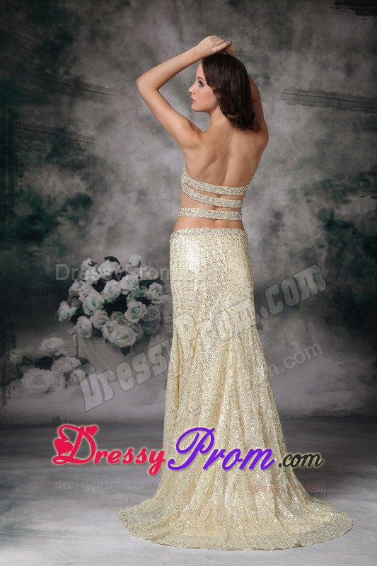 Sexy Brush Train Sequins Gold Prom Holiday Dress with Cutouts