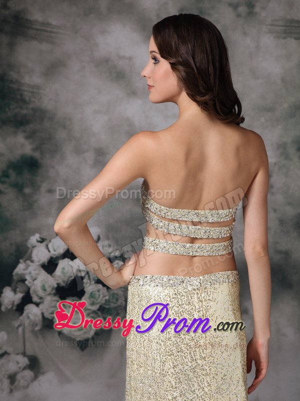 Sexy Brush Train Sequins Gold Prom Holiday Dress with Cutouts