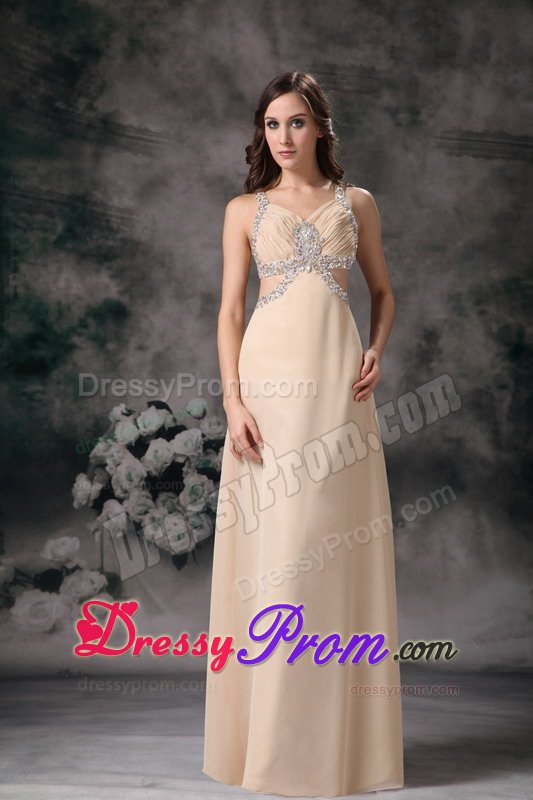 Straps Beaded Champagne Prom Dresses with Cutouts On Back