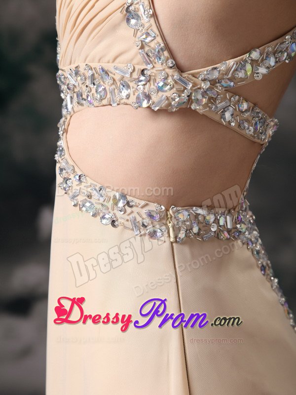 Straps Beaded Champagne Prom Dresses with Cutouts On Back