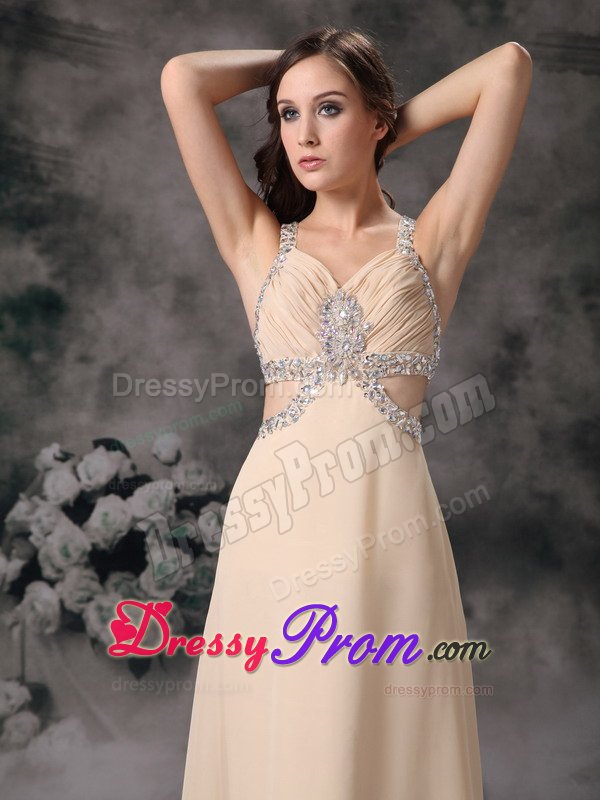 Straps Beaded Champagne Prom Dresses with Cutouts On Back