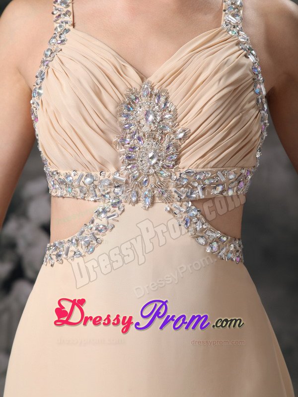 Straps Beaded Champagne Prom Dresses with Cutouts On Back