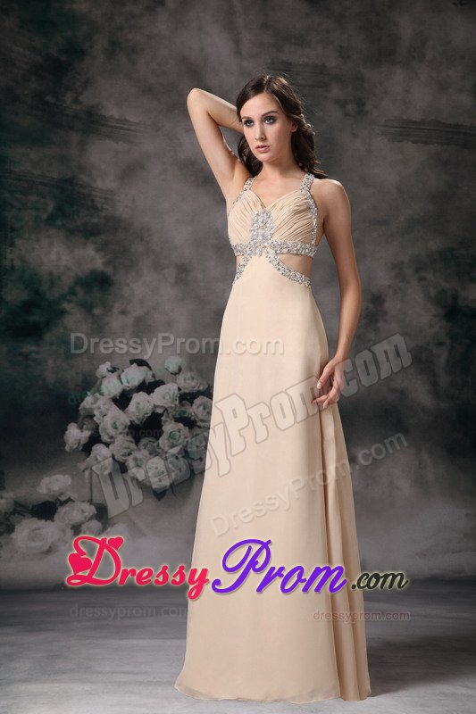 Straps Beaded Champagne Prom Dresses with Cutouts On Back