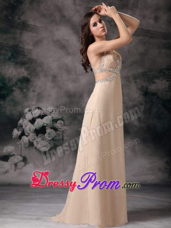 Straps Beaded Champagne Prom Dresses with Cutouts On Back