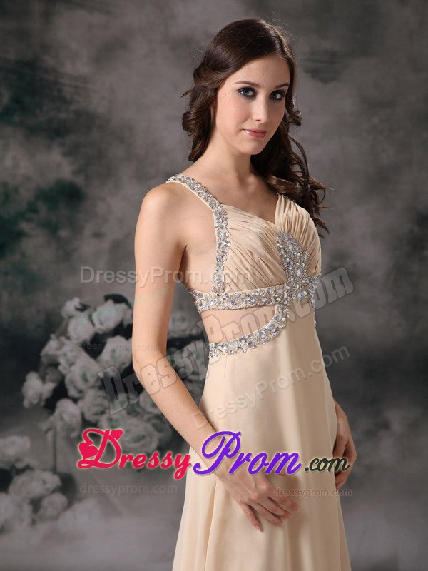 Straps Beaded Champagne Prom Dresses with Cutouts On Back