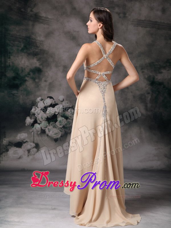 Straps Beaded Champagne Prom Dresses with Cutouts On Back