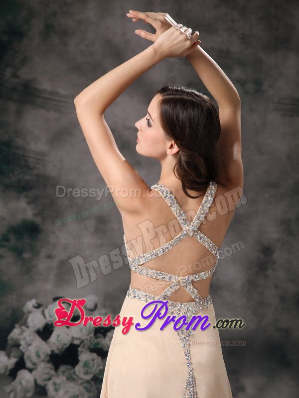 Straps Beaded Champagne Prom Dresses with Cutouts On Back
