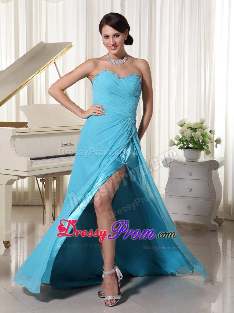 Charming Sweetheart Ruched Slitted Aqua Blue Prom Gown Dress