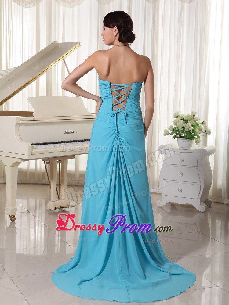 Charming Sweetheart Ruched Slitted Aqua Blue Prom Gown Dress